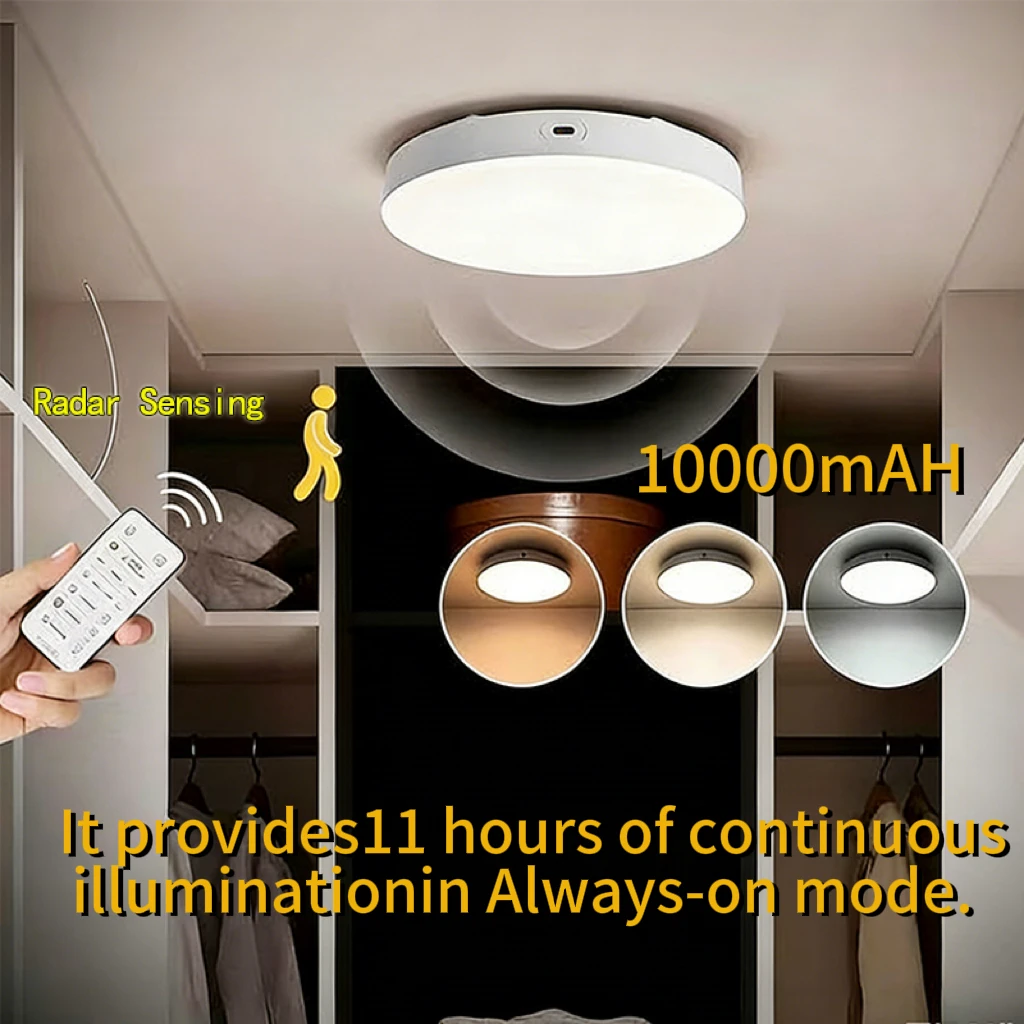 

Rechargeable Radar Motion Sensor Ceiling Light with Remote,Wireless LED Light No Wiring, Dimmable Always-on Mode,for Passageway