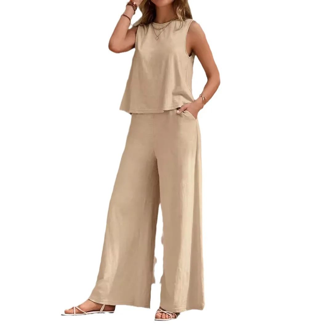 Cotton And Linen Sleeveless Suit For Women Summer O-neck Tank Top & Wide-leg Pants Two Piece Set New Solid Casual Loose Sets