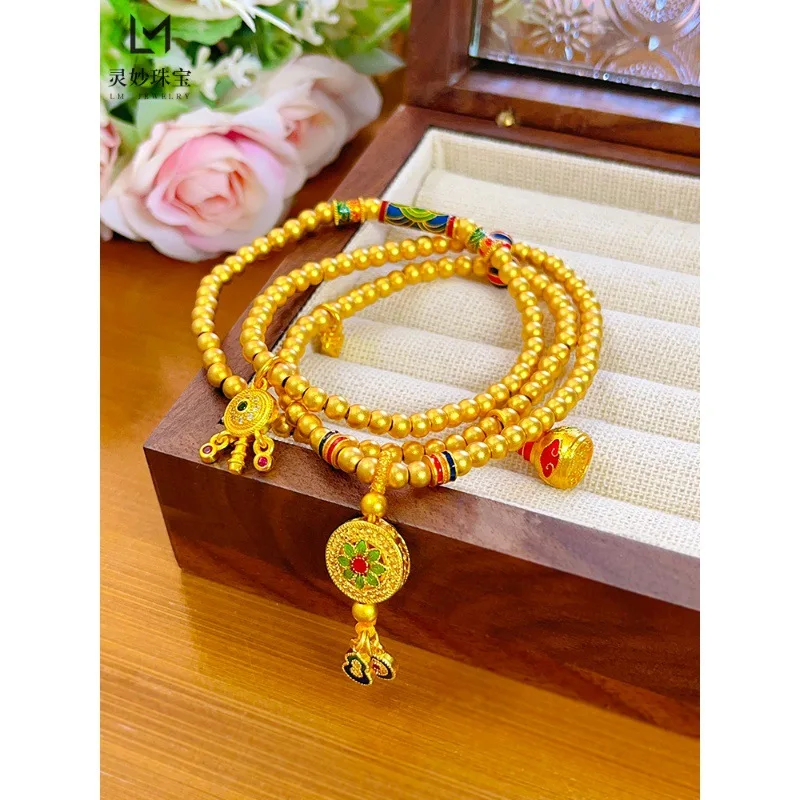 

Роскошные ювелирные изделия из настоящего золота 9999 24 карата, браслет с тремя кольцами для женщин, древний шарм, ожерелье в национальном тренде для подруги