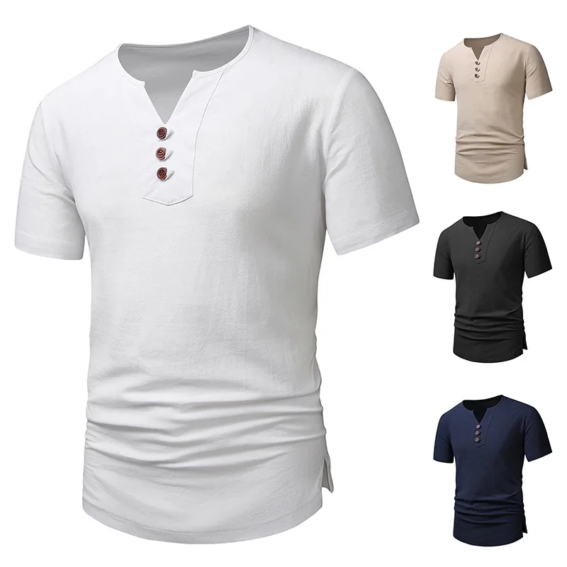 Cotton and Linen V-neck Beach Men's Short Sleeved T-shirt 2024 Fashionable Casual Large Versatile Solid Color Buckle