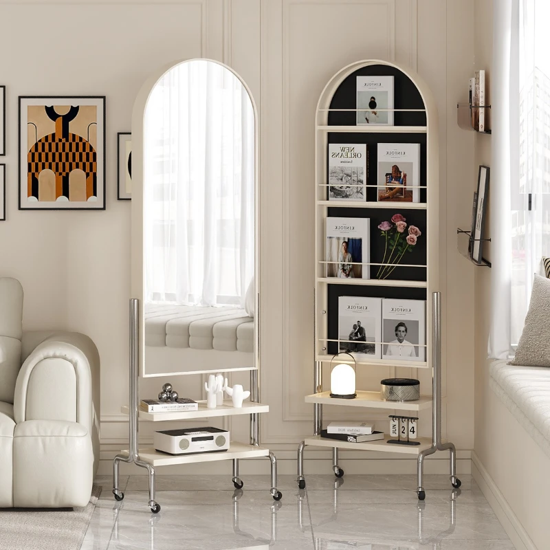 Movable full-length mirror Floor-to-ceiling mirror Shelf Magazine rack Bedroom fitting mirror Rotating full-length