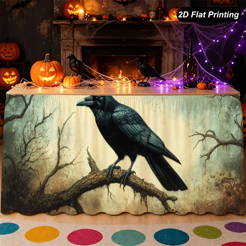 Halloween table skirt, black ravens perched on ancient tree branches in earthy blue tones with a retro style.