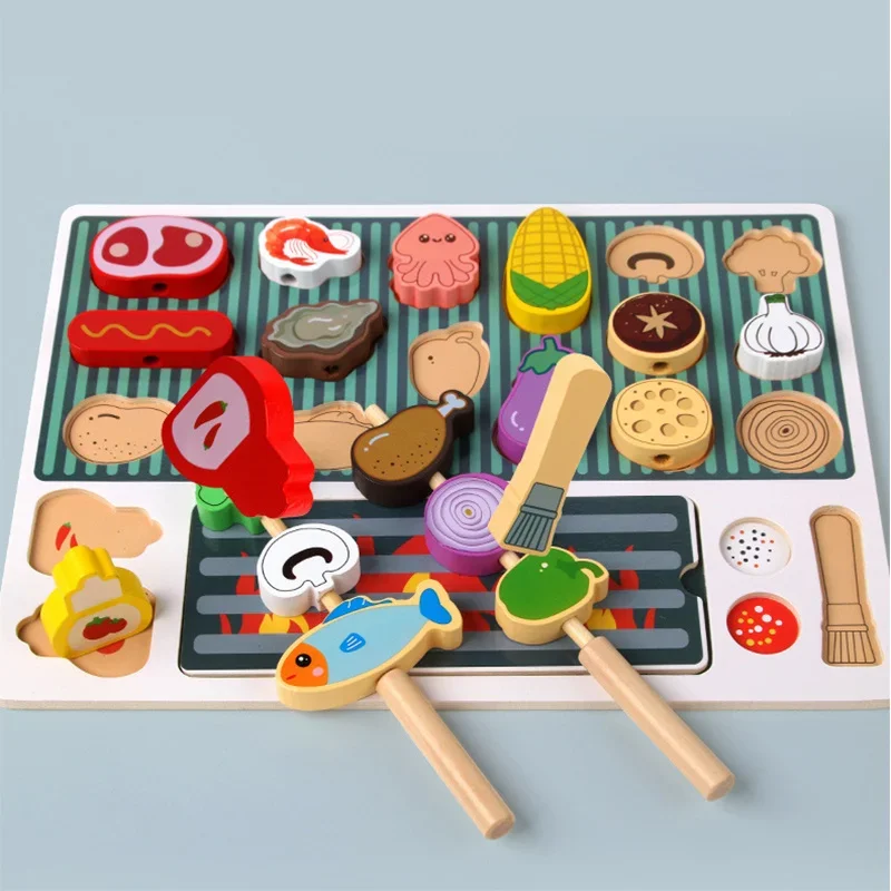 Modules de barbecue en bois pour enfants, gril, jeu de simulation, jouet alimentaire, cuisine exécutive, cadeau