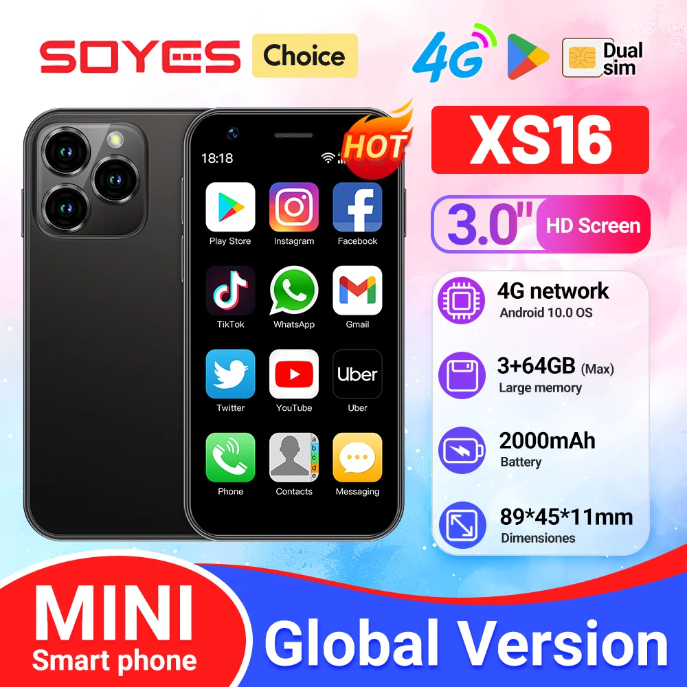 هاتف ذكي SOYES XS16 Mini 4G LTE Android10.0، ذاكرة وصول عشوائي 3 جيجابايت، ذاكرة قراءة فقط 64 جيجابايت، كاميرا 5 ميجابكسل، شرائح مزدوجة مع متجر اللعب واتساب