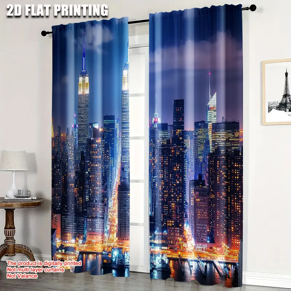 

2pcs, Curtain Popular 2D print Night City Landscape Durable Polyester (without rod) Gifts Use for Bedroom, Kitchen, Office &