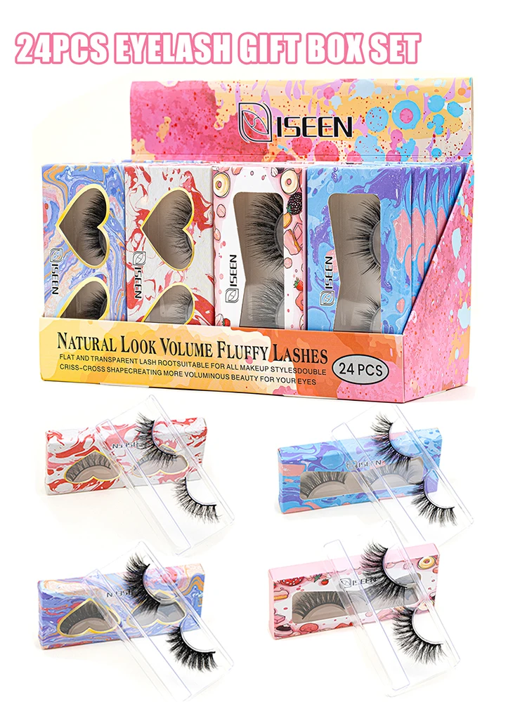 24 Pairs False Eyelashes Colorful Gift Box Pack Mixed Style Lashes Cat Eye Natural Look Lashes Cross Fluffy Festival gift