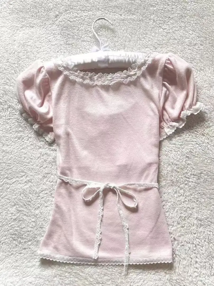 Pink Lace T-shirt Sweet Girl Clothes Bow Bandage stringy selvedge Tops Vintage 90s Clothes T shirts Femme Crop Top Kawaii Tops