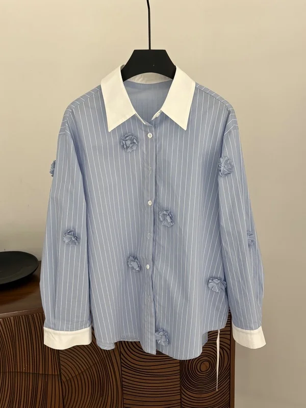 

Spring 2026 Women's Cotton Striped Shirt Floral 3D Print Turn-down Collar Casual Style Breathable Long Sleeve Comfortable Fit