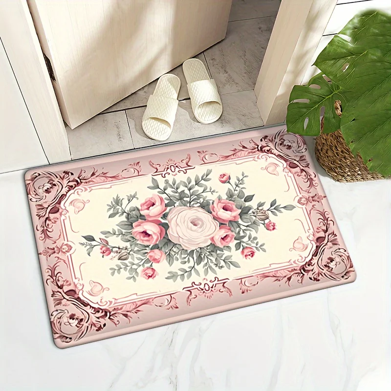 Valentine\'s Day Themed Carpet Rose Print Door Cover Anti Slip Flower Print Carpet Machine Washable Bathroom Home Decoration