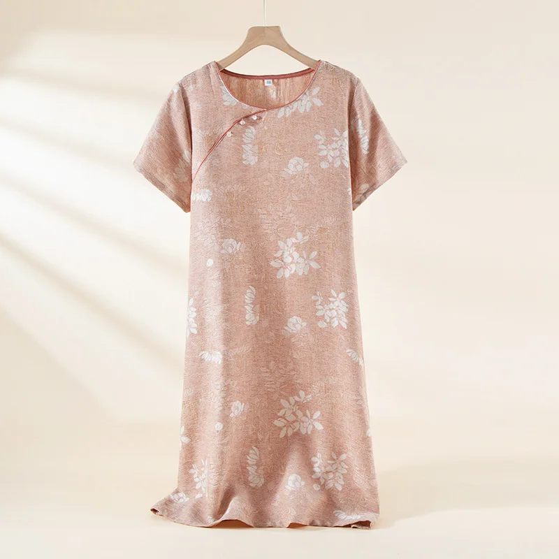 2026 New Summer Women's Sleeping Skirt 100%Cotton Double Layer Gauze Jacquard National Style Long Skirt Large Short Sleeve Dress