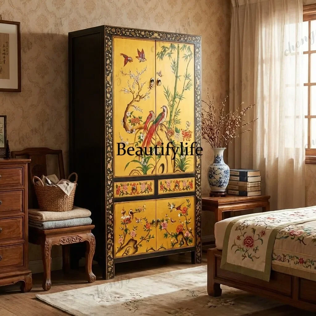 M45 New Chinese solid wood gold-painted large cabinet four-door wardrobe classical traditional gold foil hand-painted bedroom