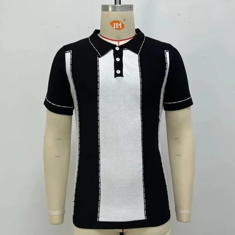 

Men's Luxury Knitted Short Sleeve Polo Shirt Casual Patchwork Lapel Button Fashion Solid Color Knitwear Summer Clothing 2025 New