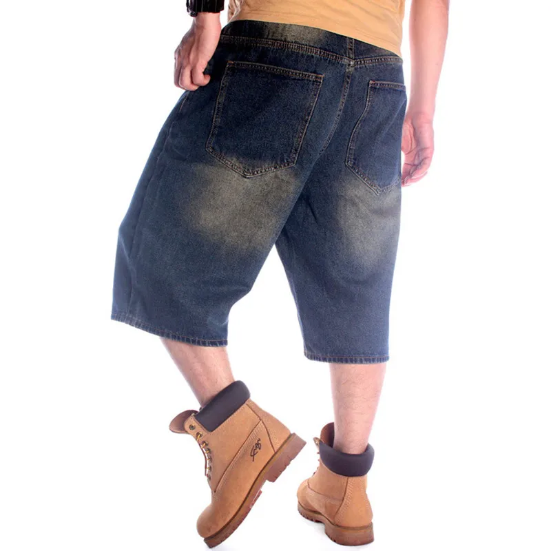 Fashion Hip Hop Jeans Men Loose Baggy Skateboard Denim Short Crop Pants Streetwear Long 3/4 Shorts DARK BLUE Plus Size 46