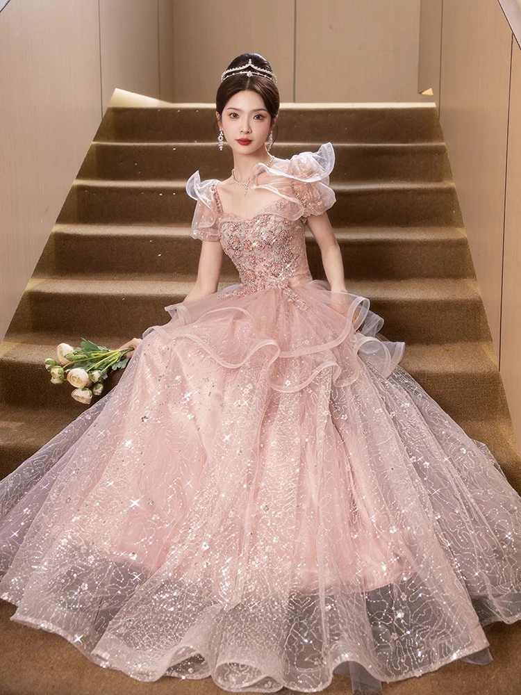 

Розовое вечернее платье в стиле принцессы, роскошное, элитное, для свадеб, балов, торжеств и новогодних вечеринок, длинное.