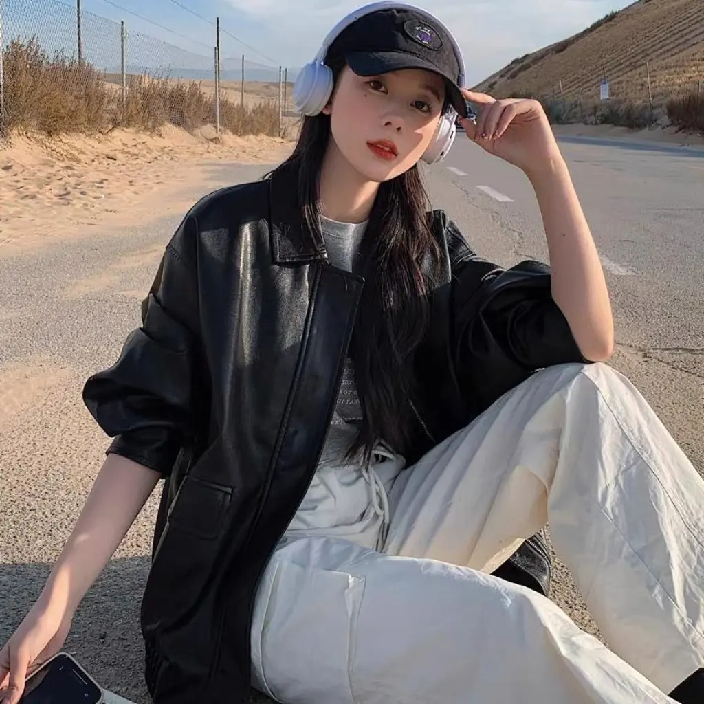 レディース ブラウン PUレザー ジャケット マイラード アメリカン レトロ スイート クール ルーズフィット バイクスタイル