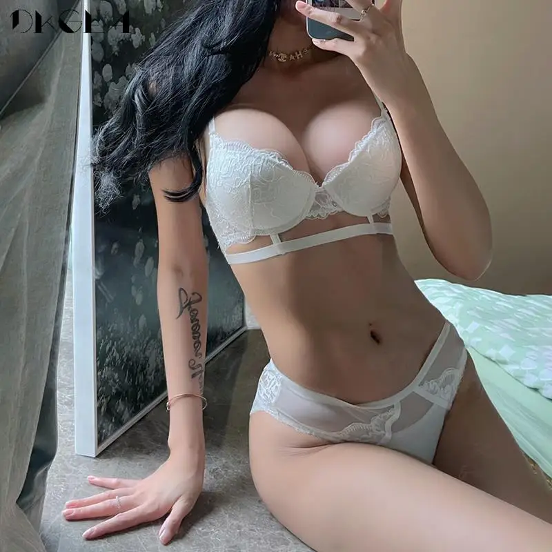 Fashion White Brassiere Push-Up Bra Set Sexy Hollow Women Underwear Cotton Thick Bras C D Cup Plus Size Lingerie Set Embroidery