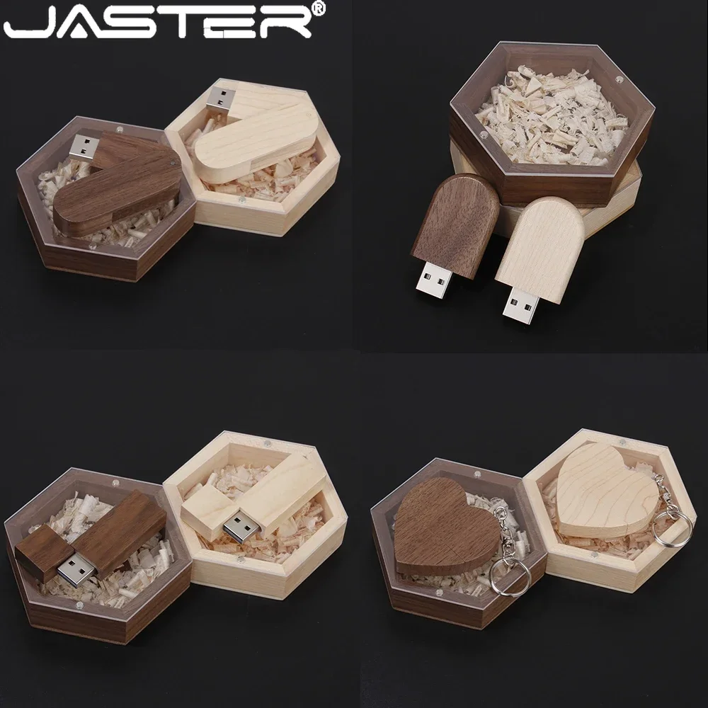 

JASTER Wooden Box + USB Flash Drives 128GB Walnut Wood Pen Drive 64GB High Speed Memory Stick 32GB 16GB Creative Wedding Gift