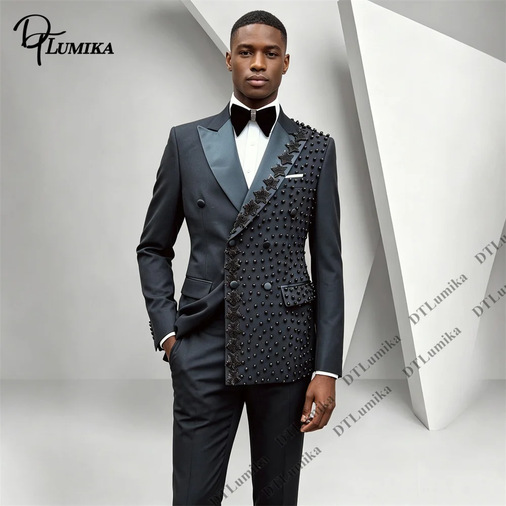 Asymmetric Rhinestone Blazer Pants 2 Piece Suit for Men, Peak Lapel Double Breasted Wedding Grrom Suit Tuxedo Stage Performance