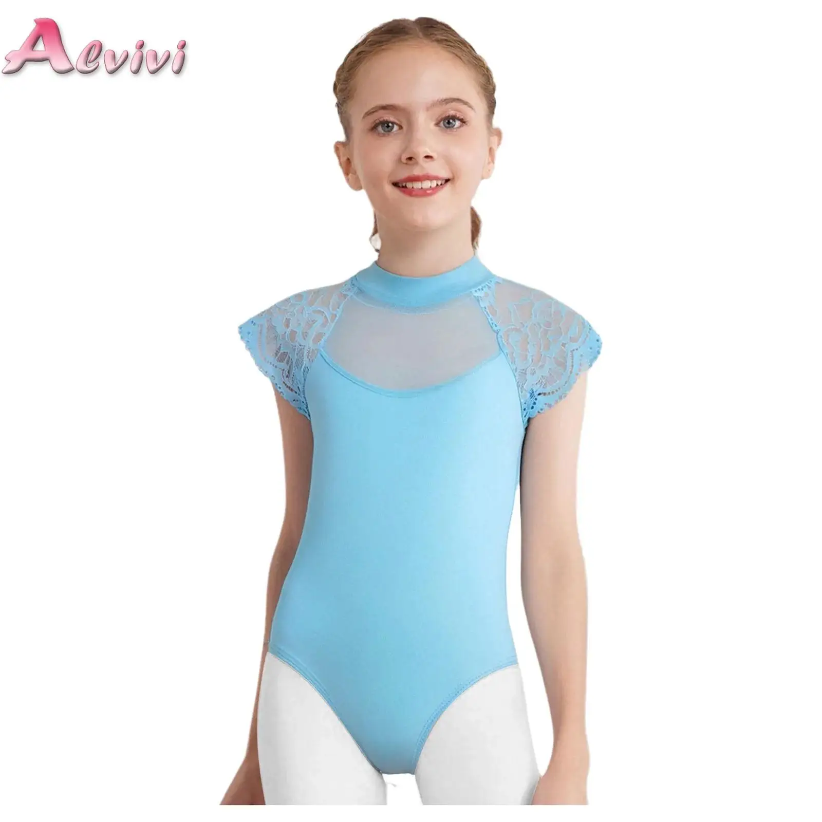 

Kids Girls Lace Cap Sleeves Dance Leotard Jersey Sheer Mesh Patchwork Cutout Bodysuit Ballet Practice Examination Dancewear