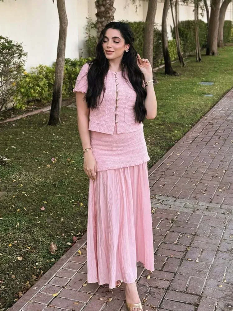 เสื้อครอปแขนสั้นผู้หญิง HH แบบเซ็กซี่ คอทรงโอ แต่งลายลามิเนต มีกระเป๋า เหมาะสำหรับฤดูร้อน ผ้าถัก