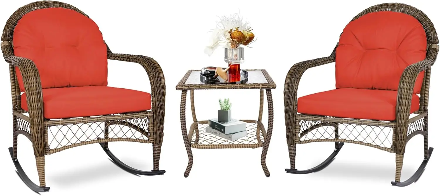 

3 Pieces Outdoor Wicker Bistro Set, Rattan Outdoor Rocking Chairs Set of 2 with Cushions & Glass-Top Coffee Table,Patio
