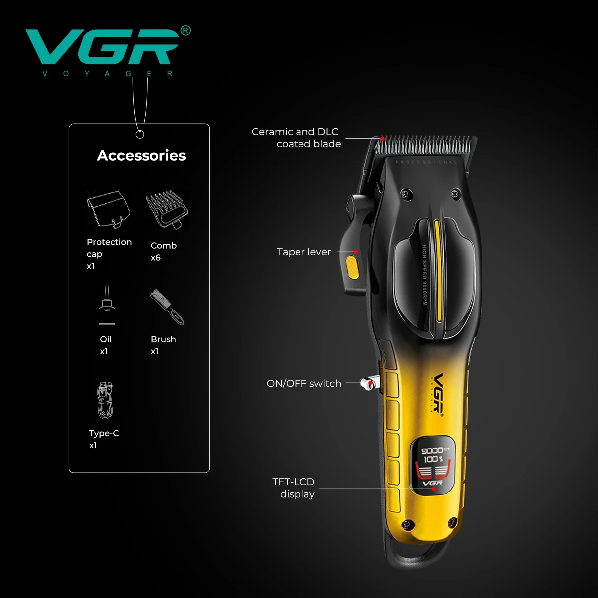 VGR V-026 الراقية المهنية الرجال مقص الشعر التدرج اللون المعدني الجسم سبائك التيتانيوم شفرة الشعر المتقلب 9000 دورة في الدقيقة الشعر ثلاثي