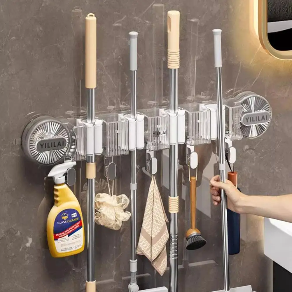 ABS Mop Holder Broom Hanger Wall Mounted 4 Position Brush Support Non Punching No Trace Paste Broomstick Hook Storage Rack