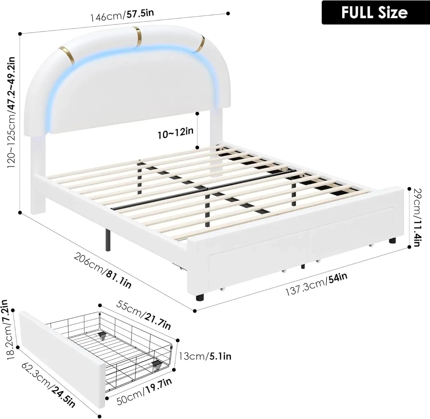 Full LED Bed Frame with 2 Storage Drawers & Adjustable Semicircle Headboard, Faux Leather Upholstered Platform Bed Frame for Kid