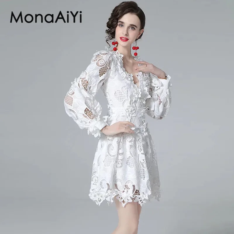 

MonaAiYi Summer Women's Dress V-Neck Long Sleeve High-End Lace Hollow Out Appliques Design Solid Color Dresses