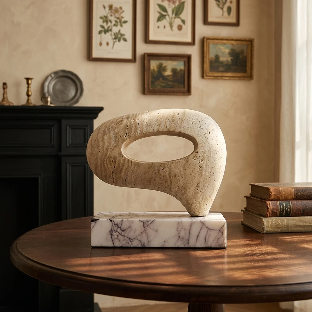 Modern Abstract Travertine Stone Sculpture Marble Base Tabletop Ornament For Living Room Hotel Villa Decoration Custom Available