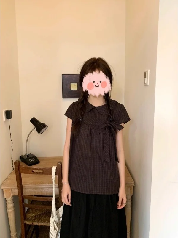 

Женский летний топ в стиле ретро с клетчатым воротником-стойкой, новый дизайн, свободный крой, с завязками на талии, в корейском стиле