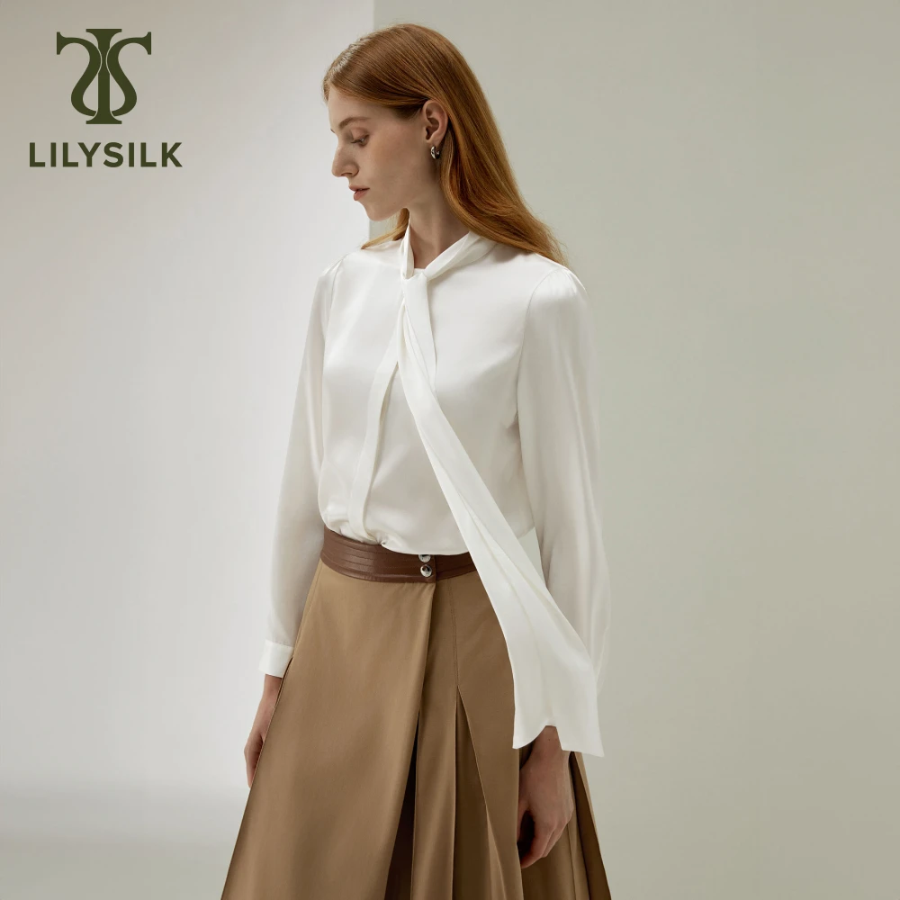 LILYSILK Women's Silk Bow Tied Blouse Ladies Long Sleeve Turn Down Collar Top Blouse for Everyday Wear