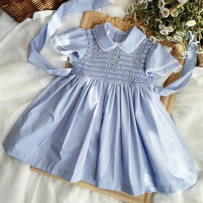 

Girls Smocking Vintage Dress Baby Handmade Smock Clothes for Girl Children Peter Pan Collar Frocks Infant Boutique Vestidos