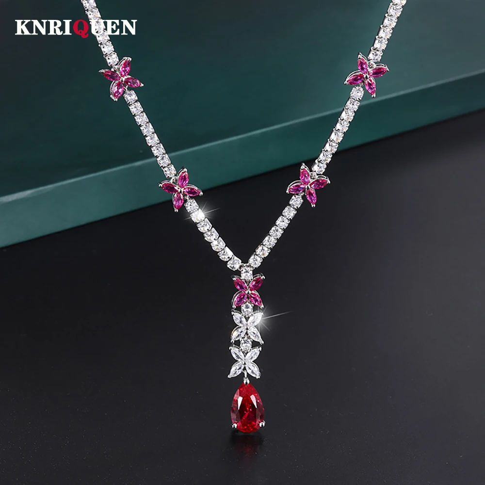 Sparkling 9*14MM Ruby Gemstone Pendant Necklace for Women Luxury High Carbon Diamond Cocktail Party Fine Jewelry Birthday Gift