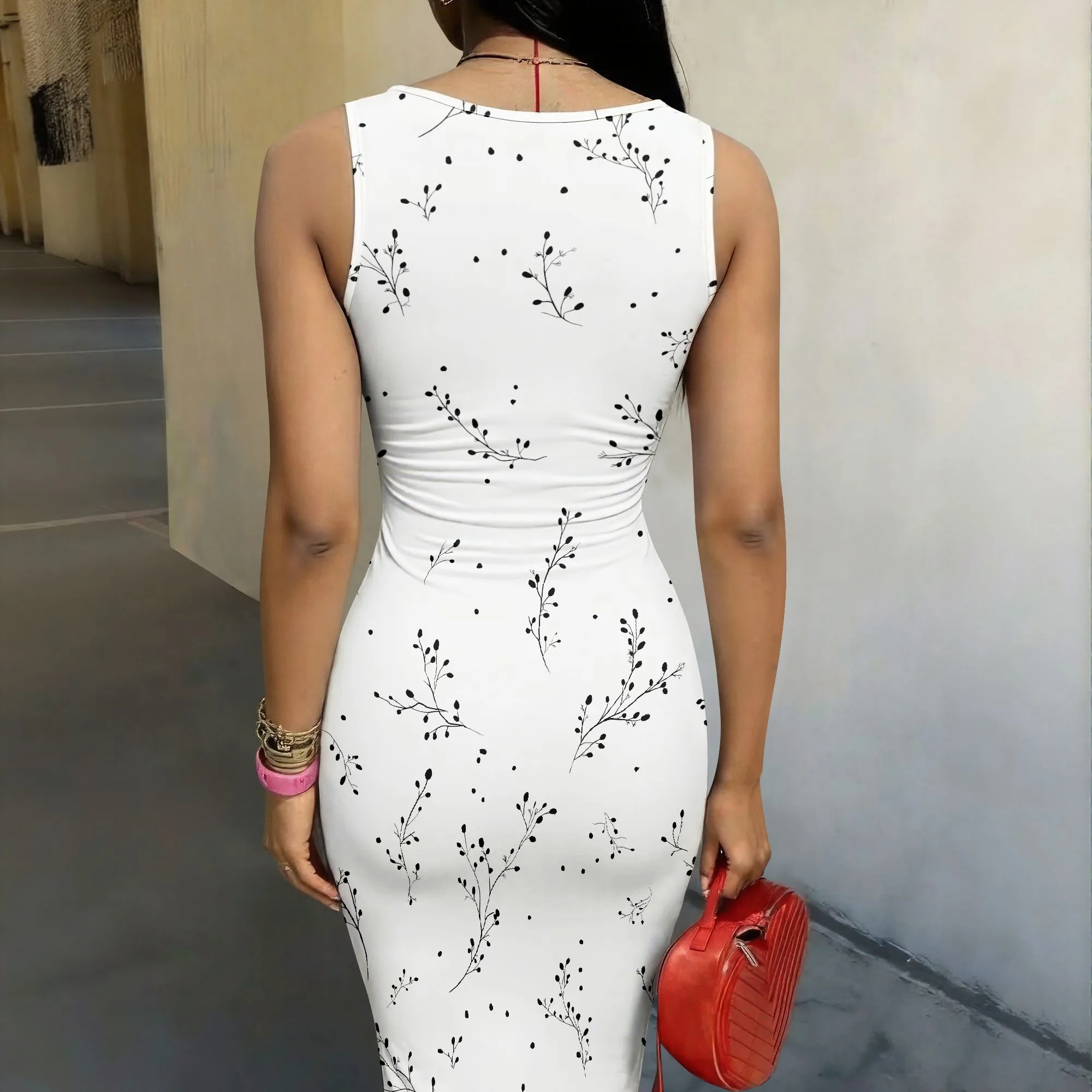 Floral Print Dress, Black Sprig Pattern on White, Sleeveless Bodycon Mini Dress for Women, Casual Summer Wear, XS-2XL