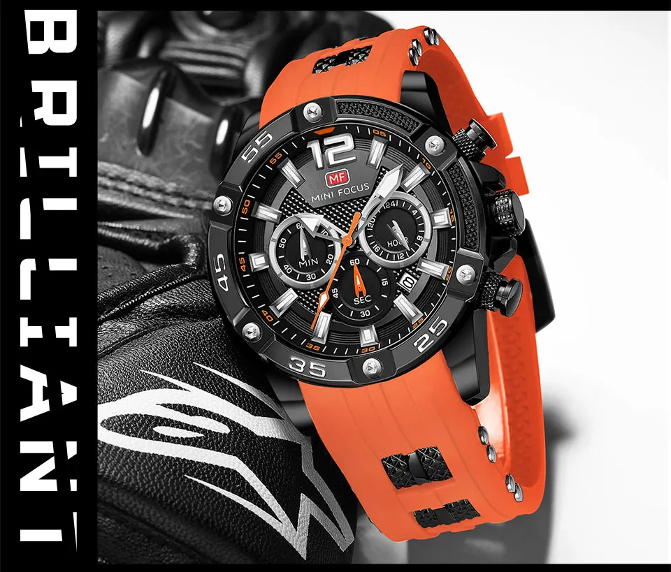 MINI FOCUS Sports Watches for Men Chronograph Waterproof Quartz Watch Luminous Hands Orange Silicone Strap Men Wristwatches 0349