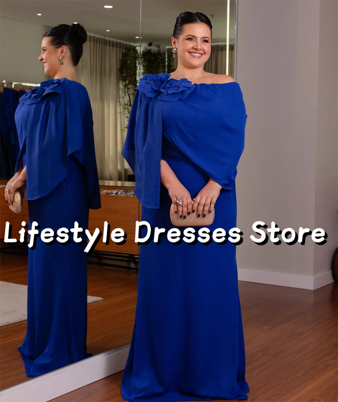 Blue Chiffon Plus Size Elegant Mother Of The Bride Dress Handmade Flower Prom Dresses 2024 vestidos para eventos especiales