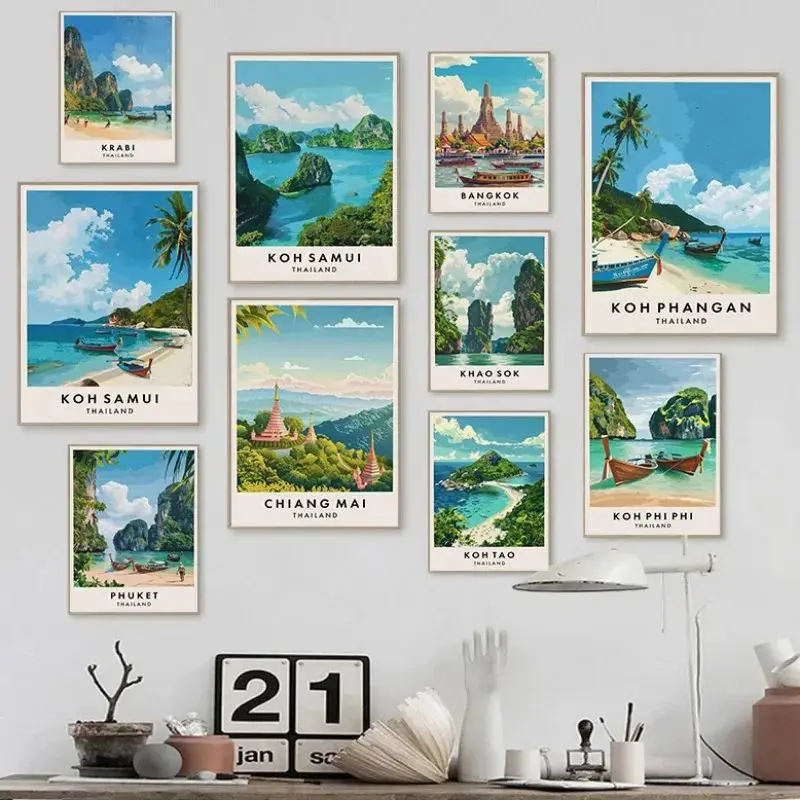 Thailand Reisekunst Phuket Chiang Mai Koh Phangan Bangkok Stadtlandschaft Poster Asien-Szenerie Leinwandkunst Wanddekoration