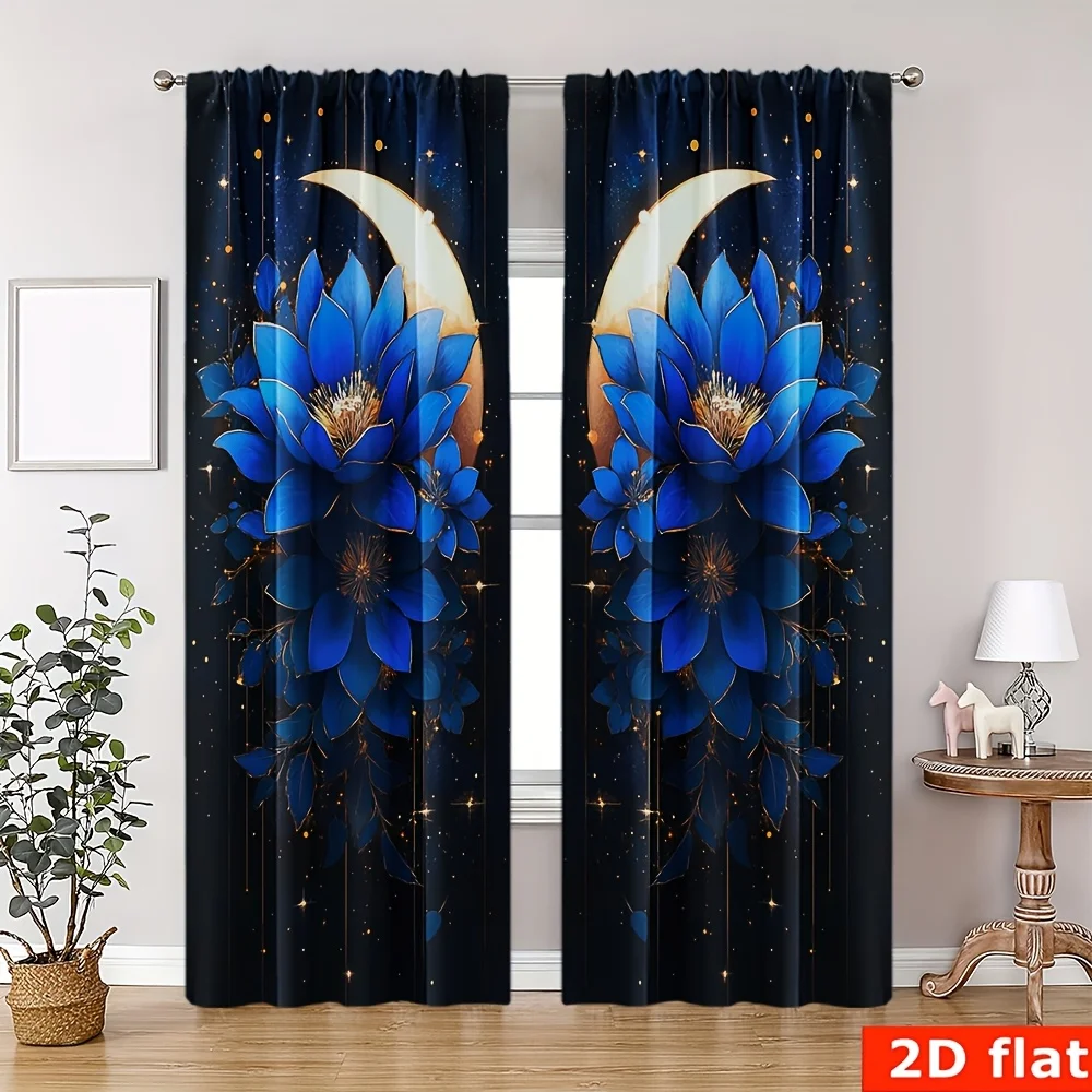 Elegant Blue Water Lily Lotus Floral Curtains Pair Celestial Night Moon Galaxy Window Drapes Curtain Panels Blackout Filtering H