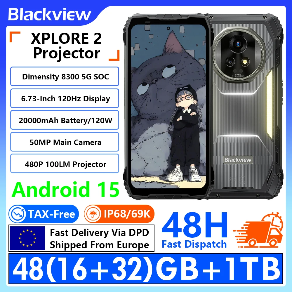 [Innerhalb Europas versendet] Blackview XPLORE 2 Projektor 5G Robustes Telefon 100-Zoll 480P Ultra-Klarer 100LM Projektor 6,73-Zoll FHD+ 120Hz Display 48(12+36)GB RAM+1TB ROM MediaTeK Dimensity 8300