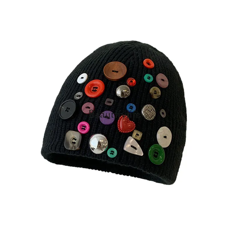 

Colorful button wool hat women's autumn and winter knitted stacking hat