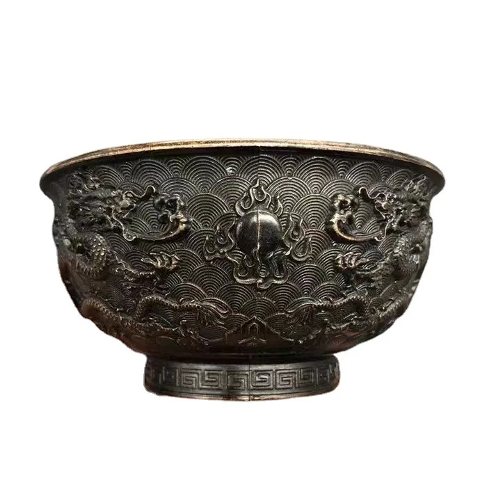 

Antique Bronze Ware Collection Embossed Nine Dragon Bowl, Double Dragon Playing Ball Bowl, Year with Dragon Pattern Bronze Bowl