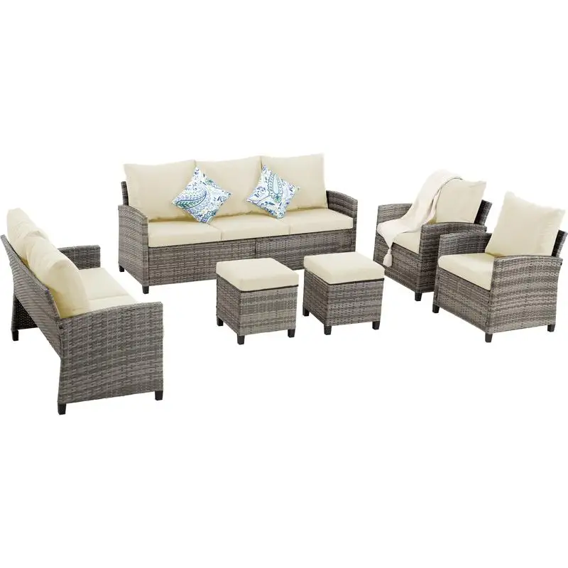 

6-Piece Outdoor Wicker Sofa Set with Ottomans for Garden Patio Balcony, Gray Rattan with Beige Cushions