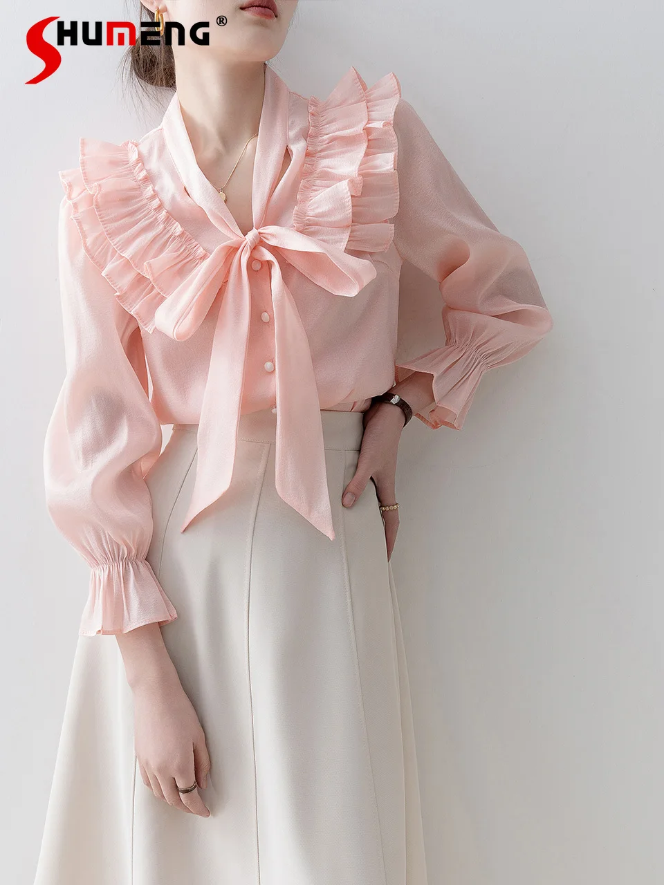 

KoreanStyle Commuter Casual Ruffled Lace-up Bow V-neck Flared Long-Sleeved Single-Breasted Pink Chiffon Shirt Blouse Women