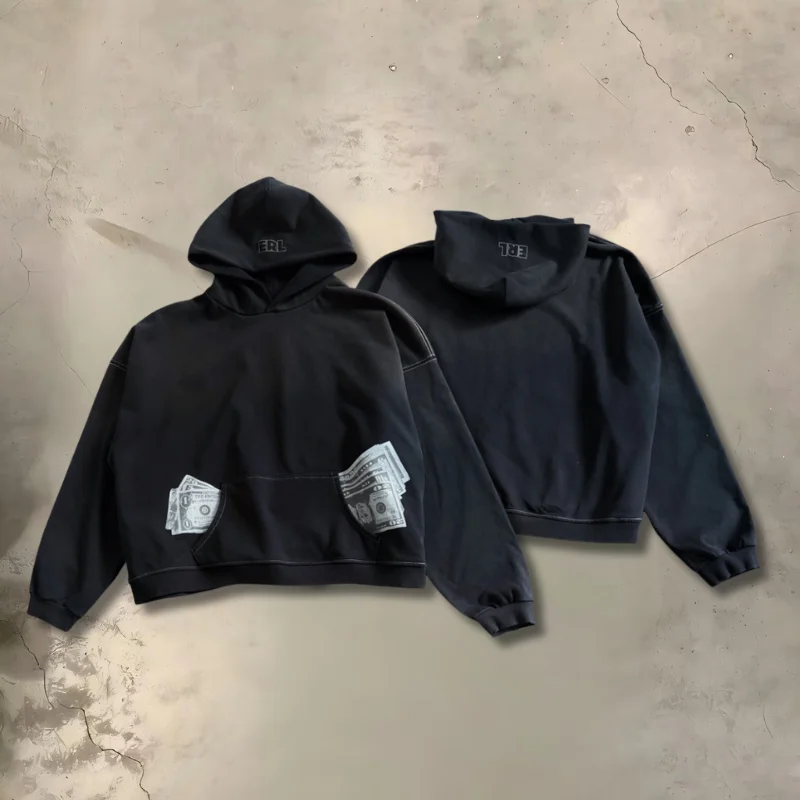 Vintage Black ERL Hoodies Splicing Pocket US Dollar Print Letter Pattern Men's Women's Pullove Sweatshirts