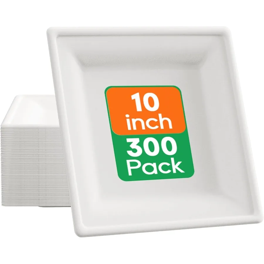 

10 Inch Square Paper Plates 300 Pack Compostable Heavy Duty Biodegradable Paper Plates Made from Sugarcane Eco Friendly White D
