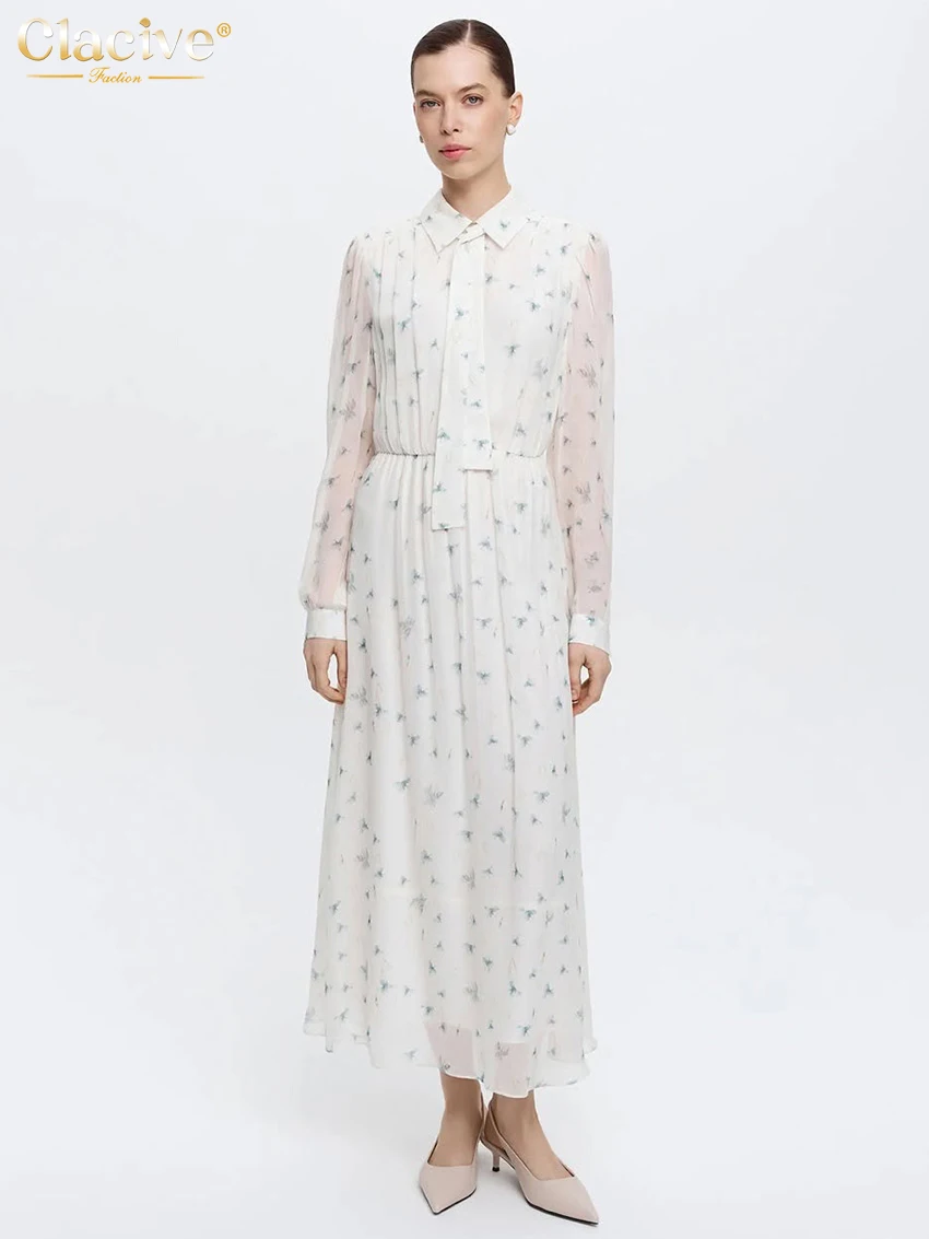 

Clacive Fashion Loose Print Women's Dress Autumn Lapel Long Sleeve Mini Dresses Elegant Classic Lace-Up Female Dress Streetwear