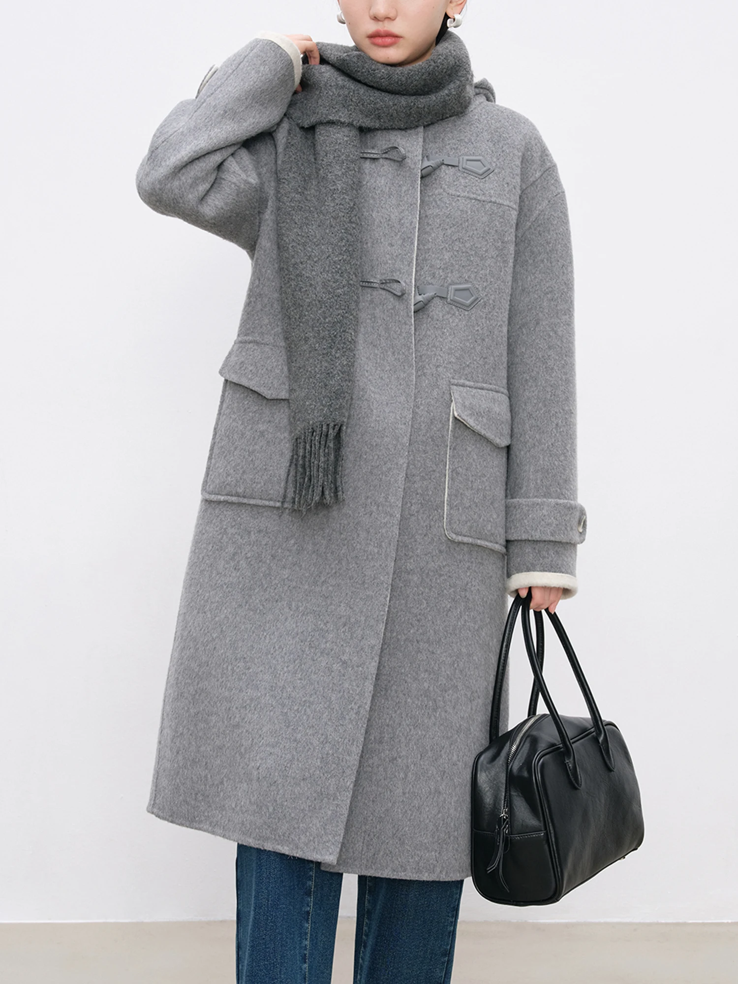 

ZIQIAO Petite Size Grey Korean Horn Buttoned Wool Coat Women's Double-sided Woolen Coat 2024 Winter New Woolen Coat 24ZQ94318