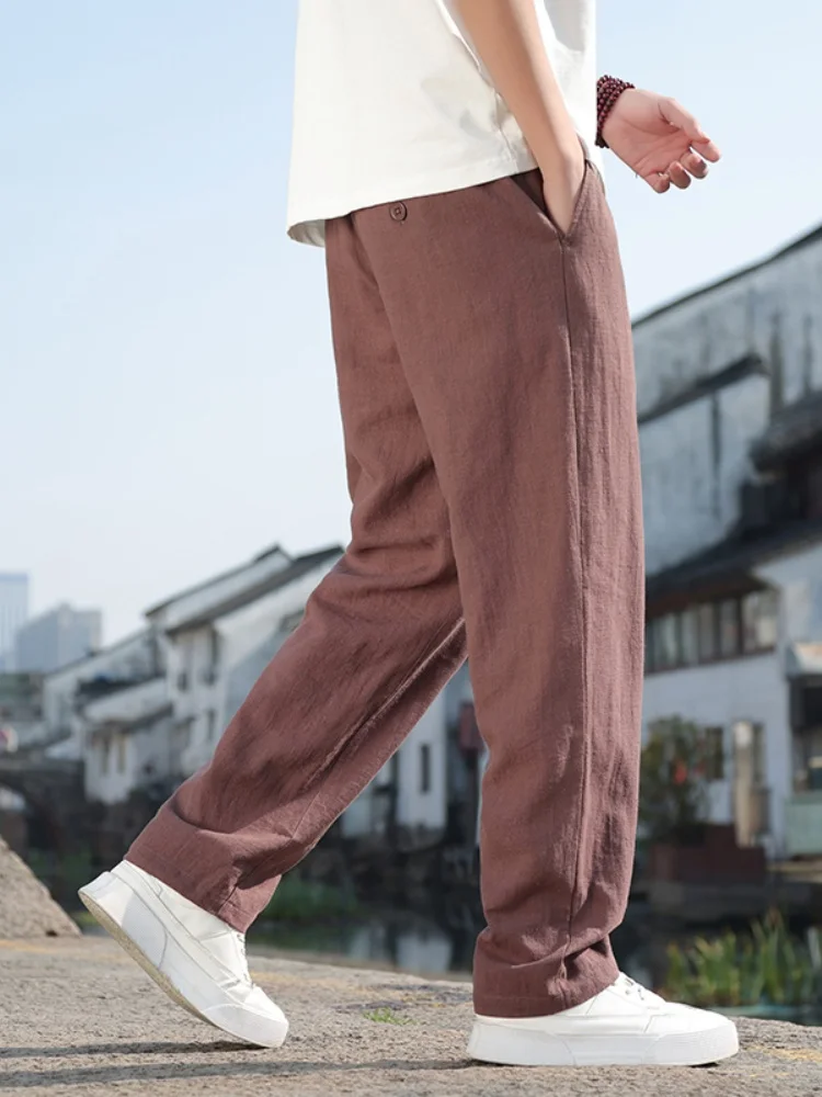 

Мужские повседневные брюки из хлопка и льна, летние тонкие дышащие брюки прямого кроя, свободные, удобные, легкие, модные