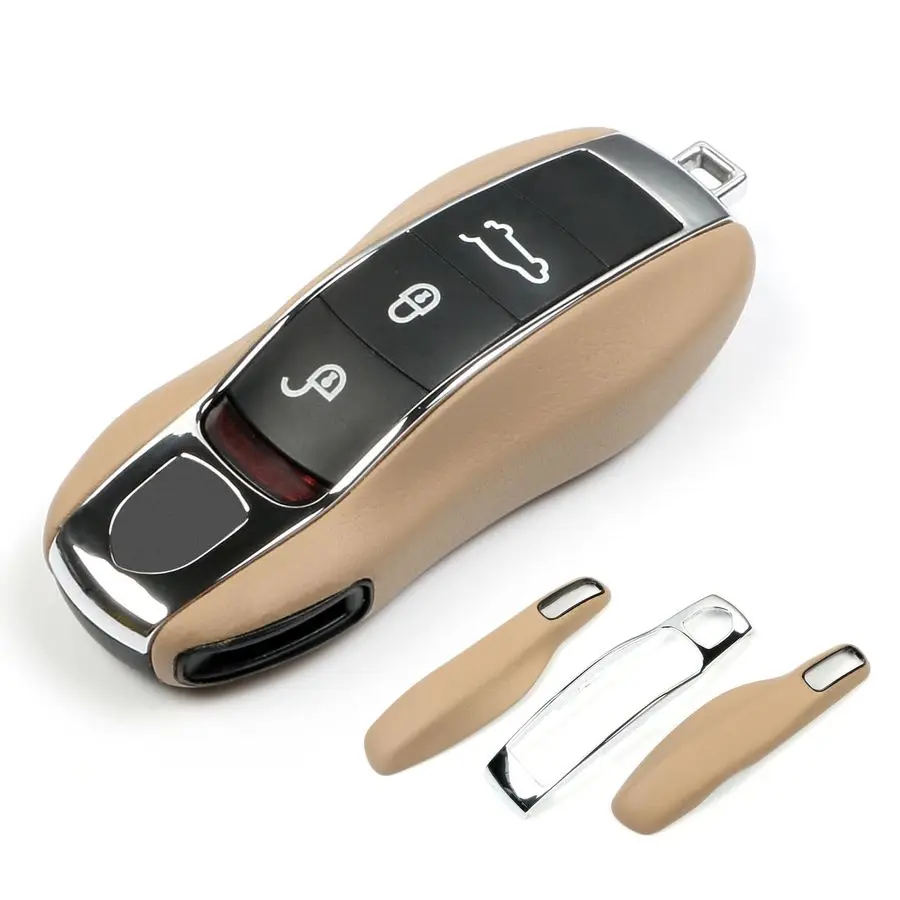 غطاء مفتاح فوب أصفر من الجلد متوافق مع غطاء مفتاح بورش مفتاح فوب شل بديل متوافق مع بورش كايين بانامر #1